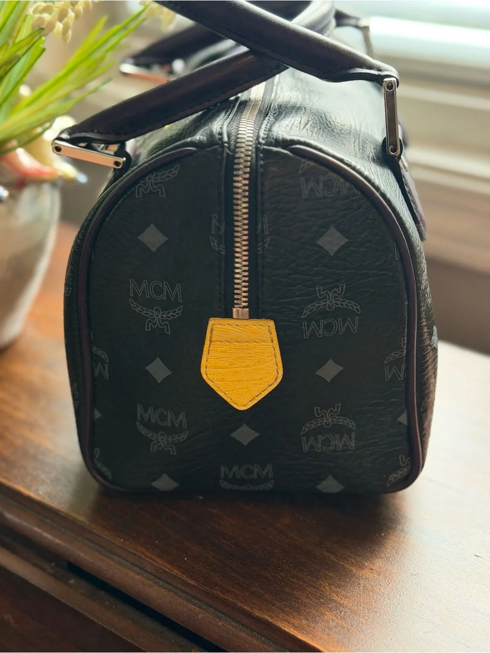 MCM Visetos Lion Princess Boston Bag Black in Leather